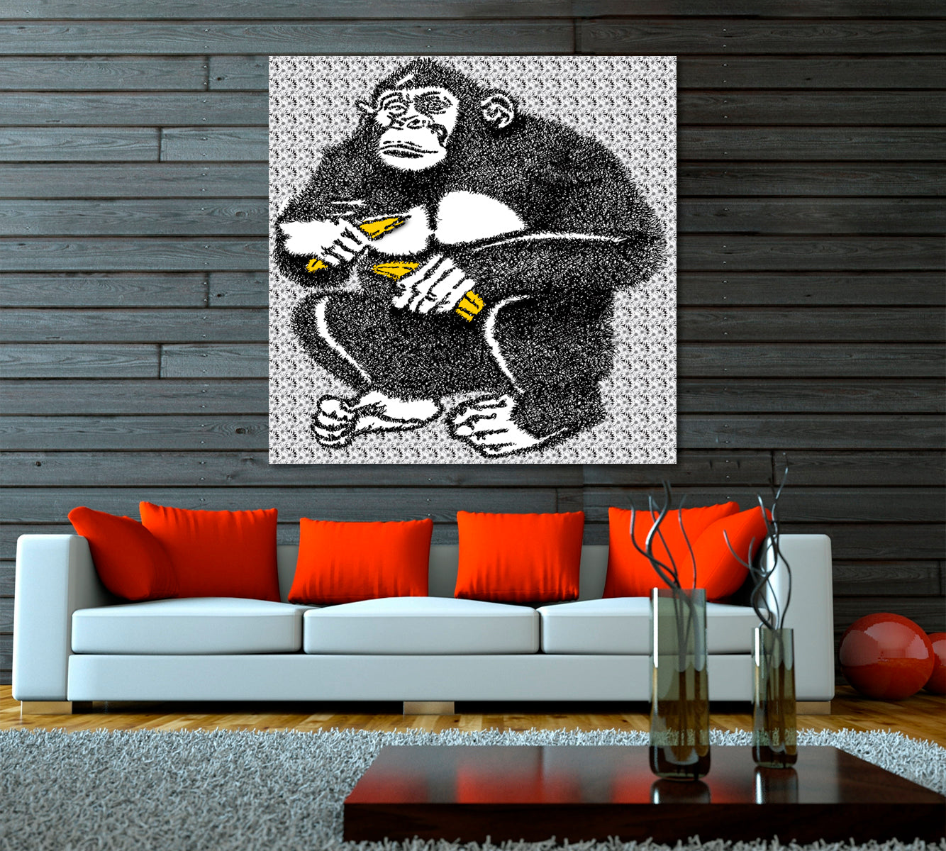 MONKEY Gorilla with Bananas Floral Background Abstract Art Animals Canvas Print Artesty   