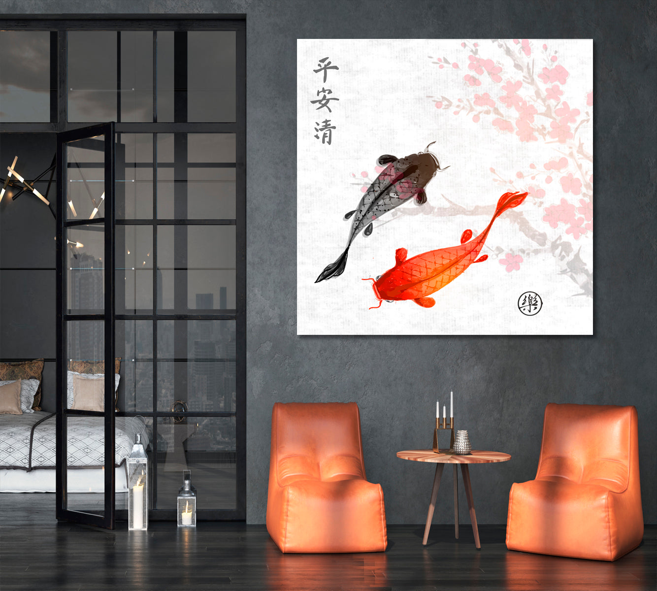 Koi Fishes Japanese Style Canvas Print - Square Asian Style Canvas Print Wall Art Artesty   