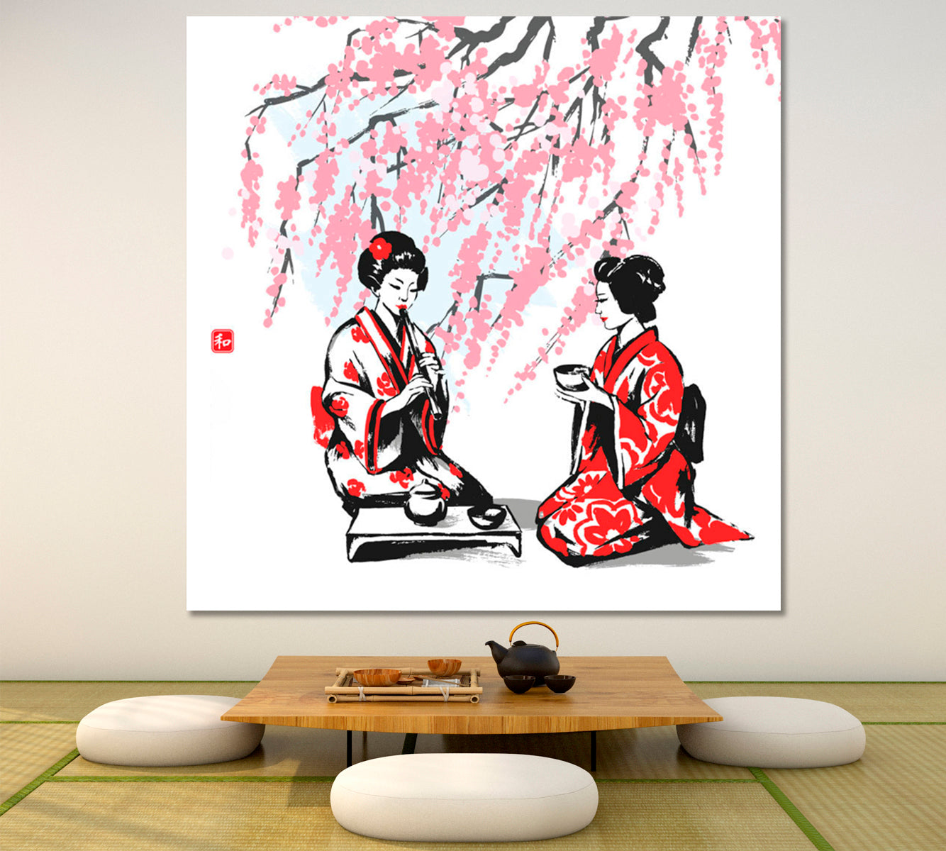 Oriental Branches Cherry and Two Girls Having Tea Japanese Style Canvas Print - Square Asian Style Canvas Print Wall Art Artesty   