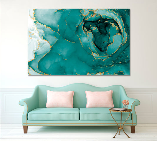 Abstract Marbling Tidewater Green Ocean Tones Ink Stains Fluid Art Fluid Art, Oriental Marbling Canvas Print Artesty 1 panel 24" x 16" 