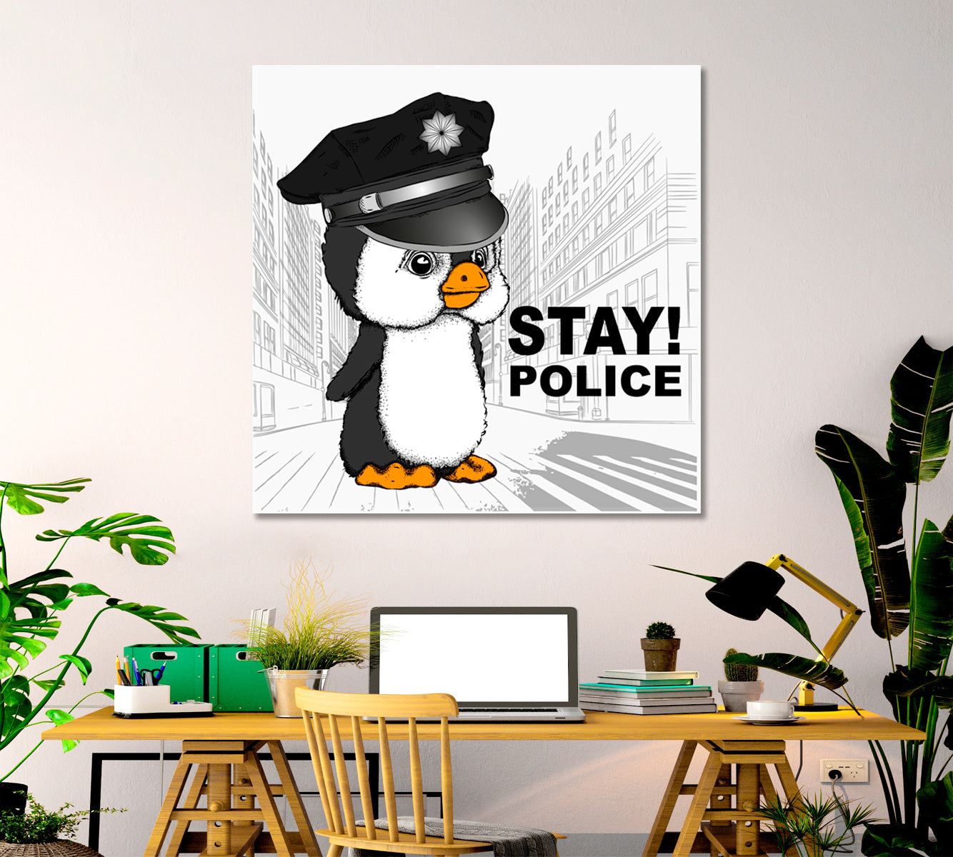 Cute Sweet Penguin Police Cap, Funny Whimsy Animals KIDS ROOM CONCEPT Canvas Print | Square Panel Kids Room Canvas Art Print Artesty   