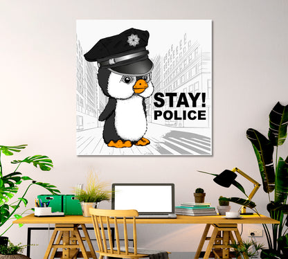 Cute Sweet Penguin Police Cap, Funny Whimsy Animals KIDS ROOM CONCEPT Canvas Print | Square Panel Kids Room Canvas Art Print Artesty   