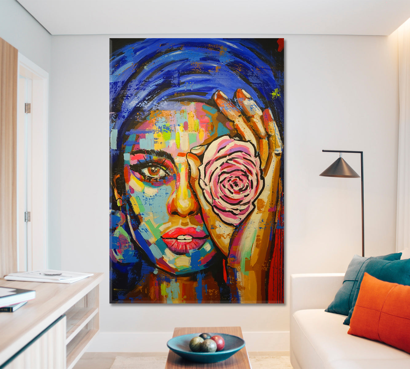 Beautiful Girl With Rose Colorful Canvas Print - Vertical People Portrait Wall Hangings Artesty   