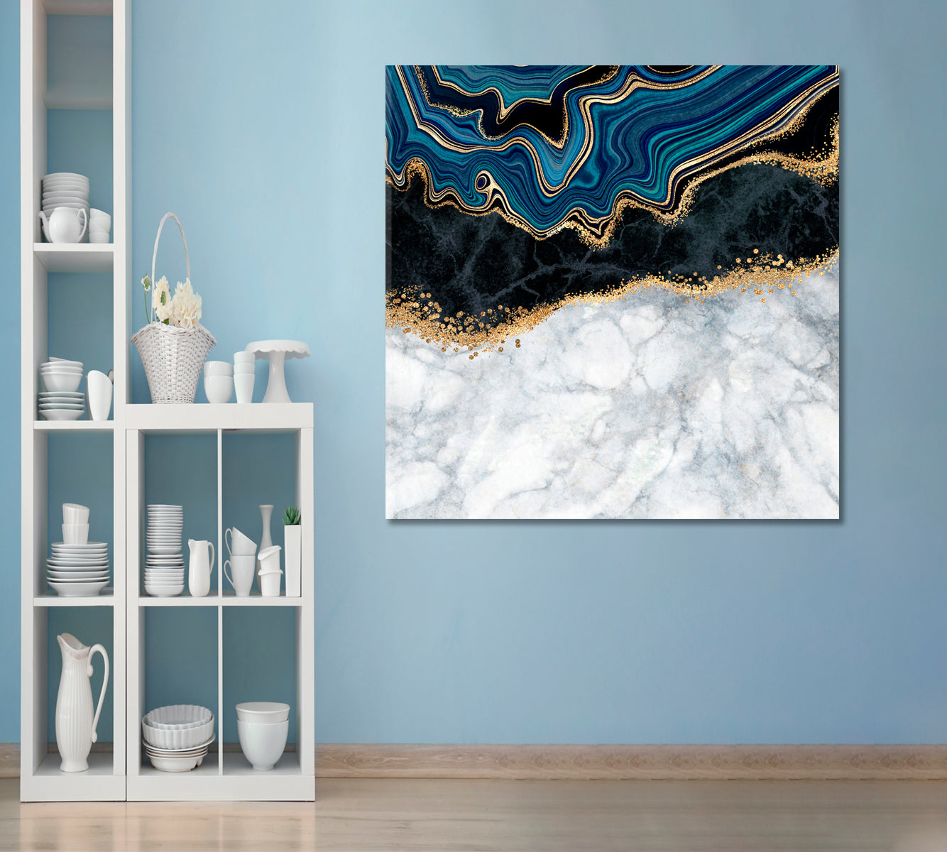 White Blue Black Gold Abstract Marble Effect Canvas Print - Square Fluid Art, Oriental Marbling Canvas Print Artesty   