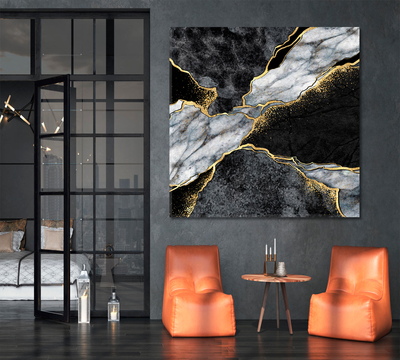 Beautiful Black Gtey & Gold Marble Canvas Print - Square Fluid Art, Oriental Marbling Canvas Print Artesty   