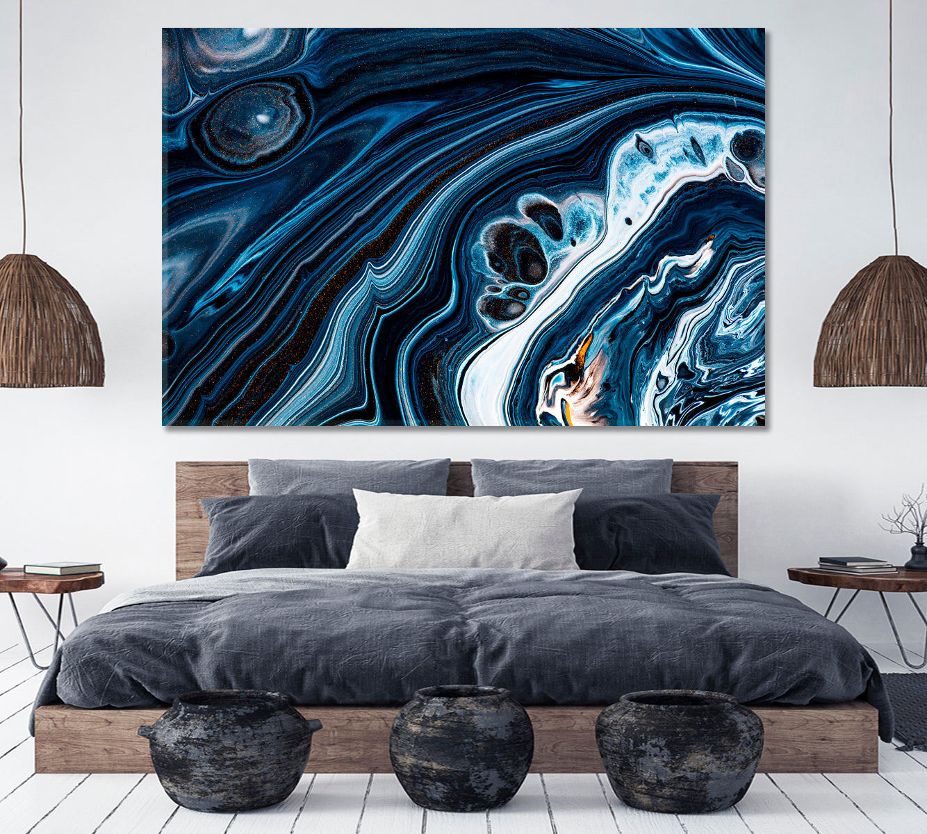 Black Navy Blue Swirling Flows Fluid Acrylic Abstract Iridescent Marble Effect Fluid Art, Oriental Marbling Canvas Print Artesty   