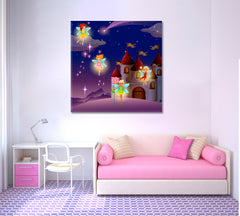 Castle Fairies Flying Sweet Kids Baby Nursery Wall Art Canvas Print | Square Panel Kids Room Canvas Art Print Artesty   