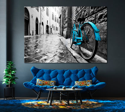 Retro Blue Bicycle Old Town Black and White Vintage Style Cities Wall Art Artesty   