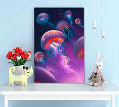Large Jellyfish and Divers Purple Imagination Underwater Surreal Fantasy Large Art Print Décor Artesty   