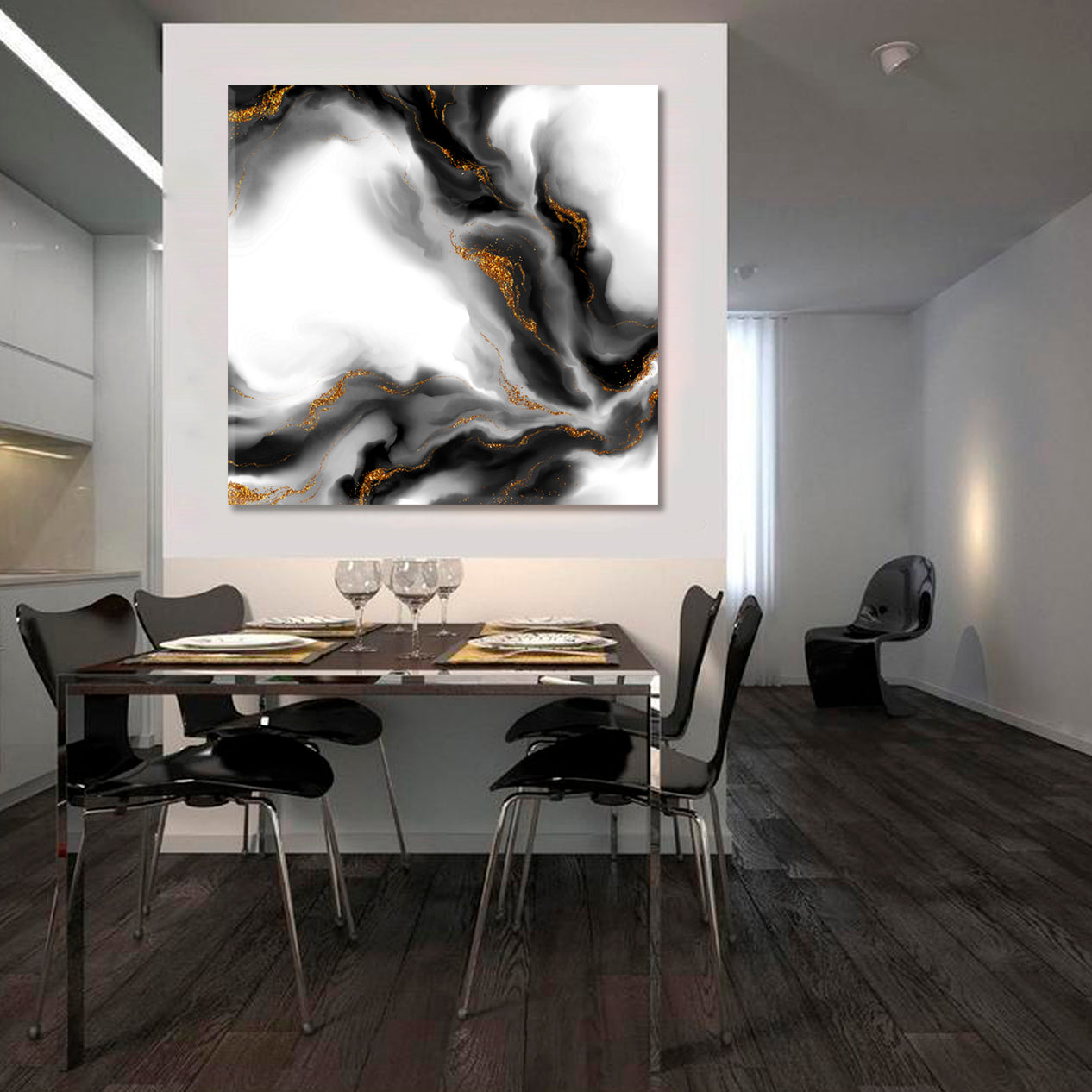 Black and White Marble Beautiful Trendy Art  - Square Panel Fluid Art, Oriental Marbling Canvas Print Artesty   