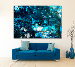 SPACE Abstract Dark Blue Waves Liquid Paint Marble Pattern Fluid Art, Oriental Marbling Canvas Print Artesty   