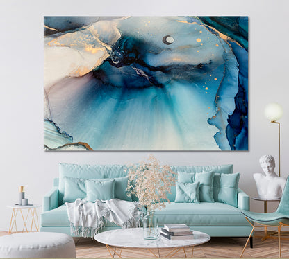 CONTEMPORARY Modern Abstract Acrylic Marble Blue Fluid Art, Oriental Marbling Canvas Print Artesty 1 panel 24" x 16" 