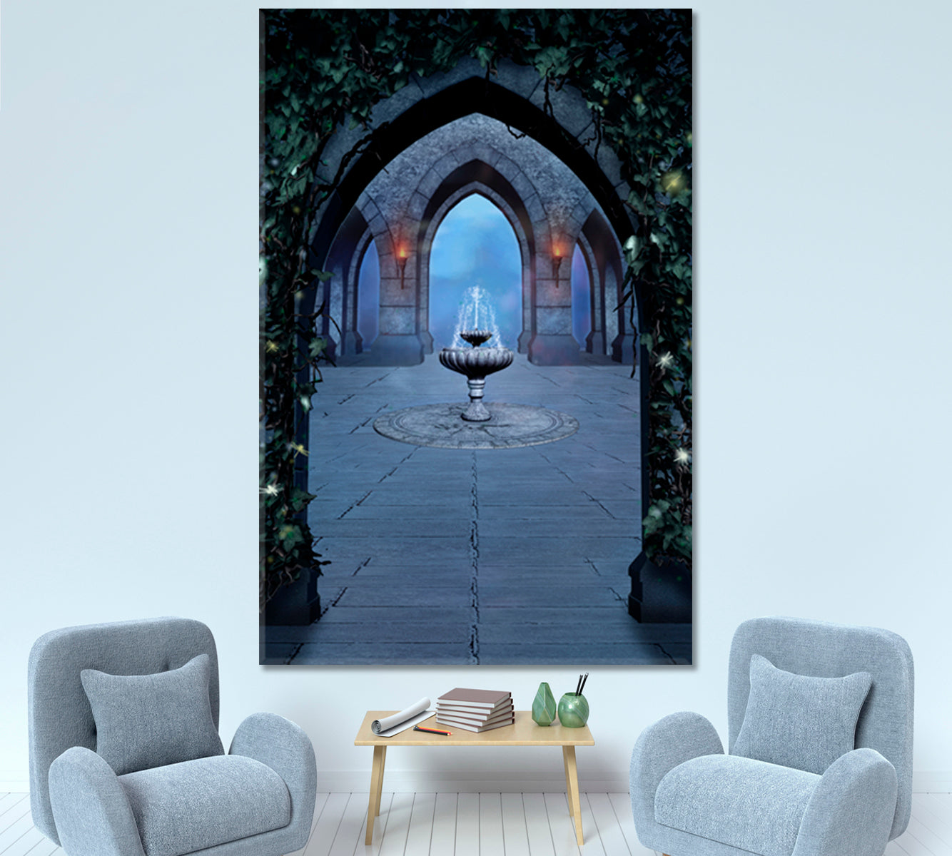 ARCHED VAULT AND FOUNTAIN Font Medieval Castle at Night Urban | Vertical Photo Art Artesty 1 Panel 16"x24" 