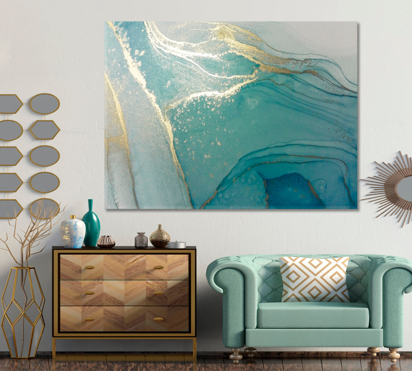 TURQUOISE MINT GOLD Luxury Abstract Fluid Alcohol Ink Fluid Art, Oriental Marbling Canvas Print Artesty 1 panel 24" x 16" 
