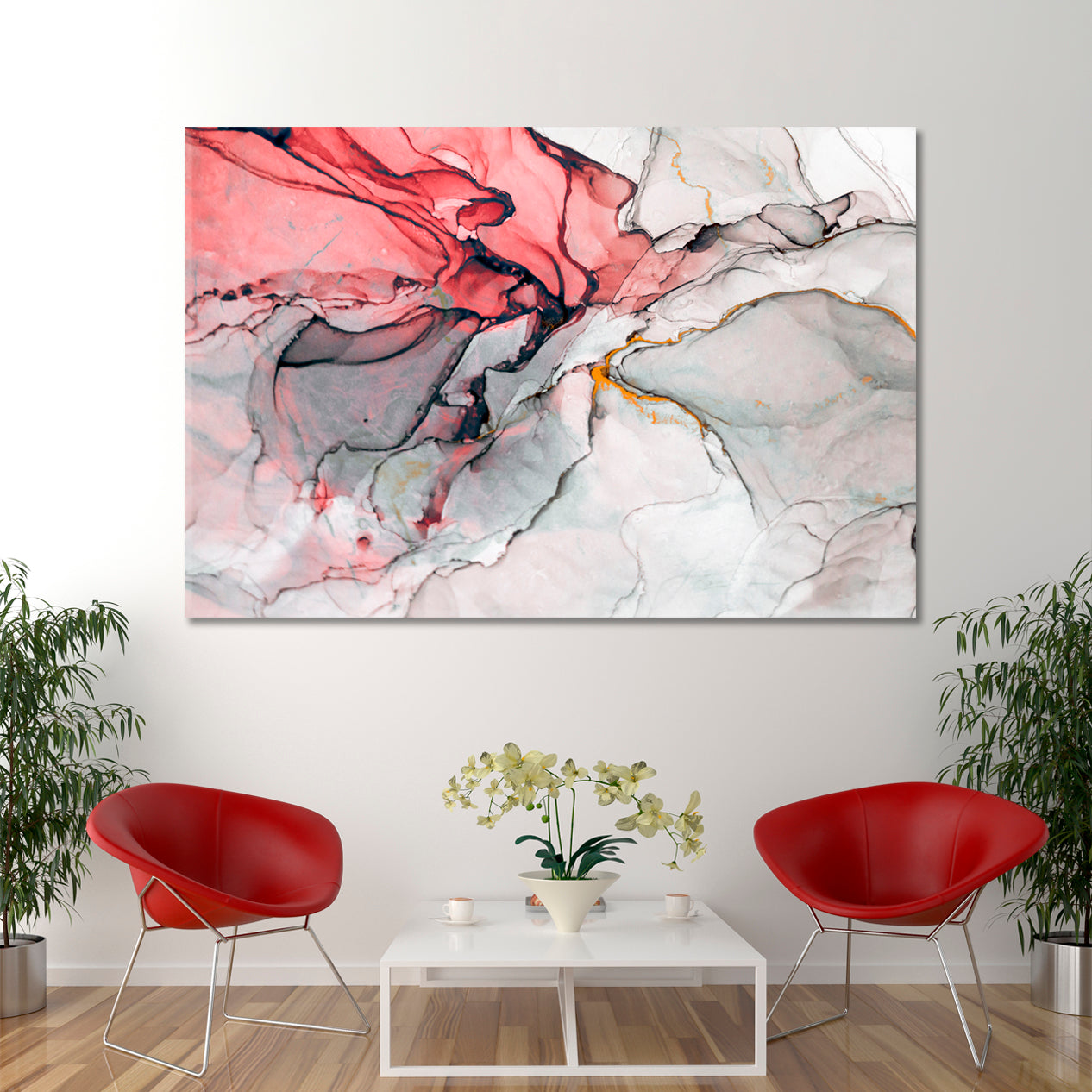 Luxury Translucent Pink Gray Green Ink Painting Fluid Art, Oriental Marbling Canvas Print Artesty 1 panel 24" x 16" 