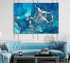 Modern Fluid Art Marble Alcohol Ink Sky Blue Art Design Fluid Art, Oriental Marbling Canvas Print Artesty   