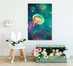 Big Jellyfish and Diver Fantasy Underwater Surreal Fantasy Large Art Print Décor Artesty 1 Panel 16"x24" 