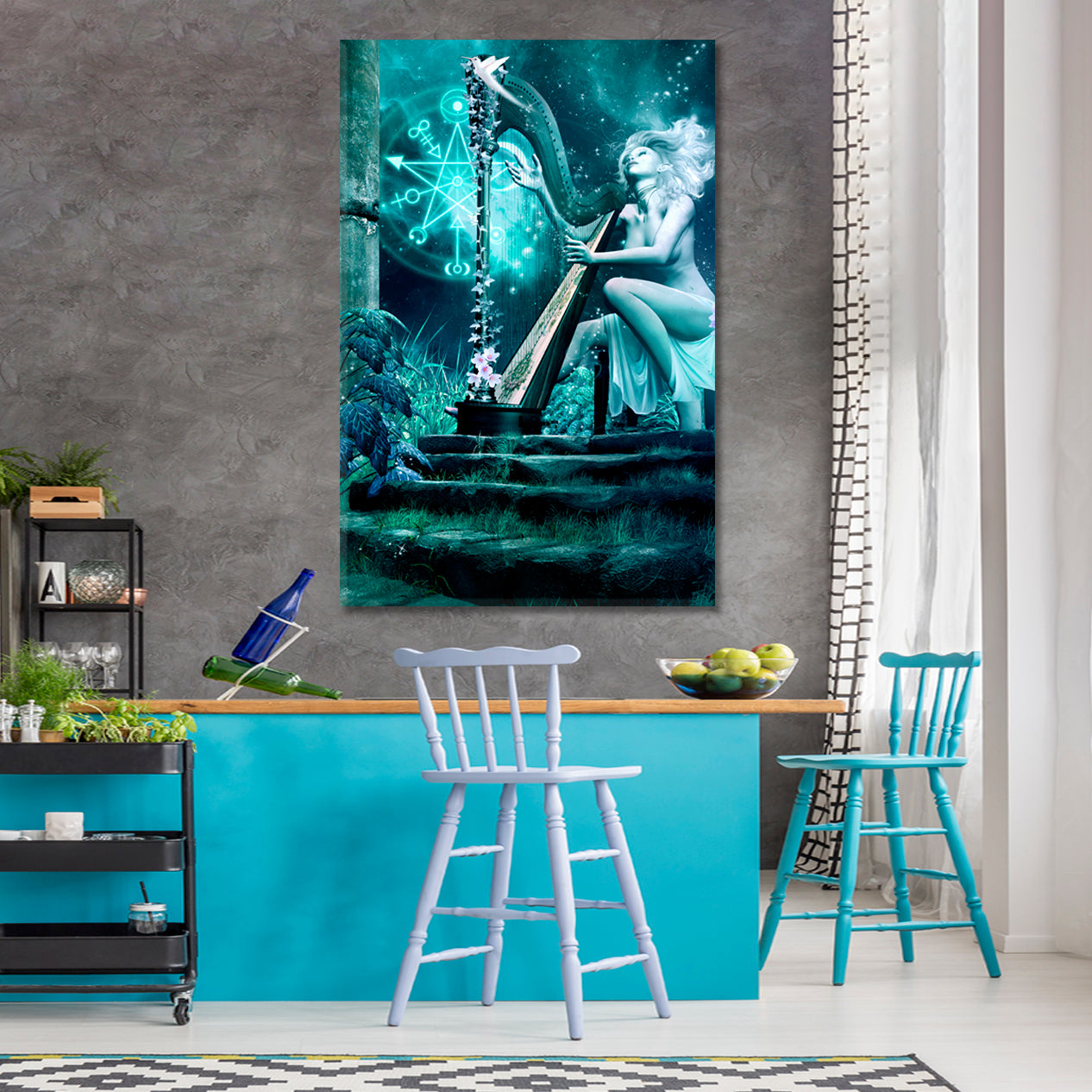 Fairy Harp Music Night Fantasy Scenery with a Girl Playing Harp Canvas Print - Vertical Surreal Fantasy Large Art Print Décor Artesty   