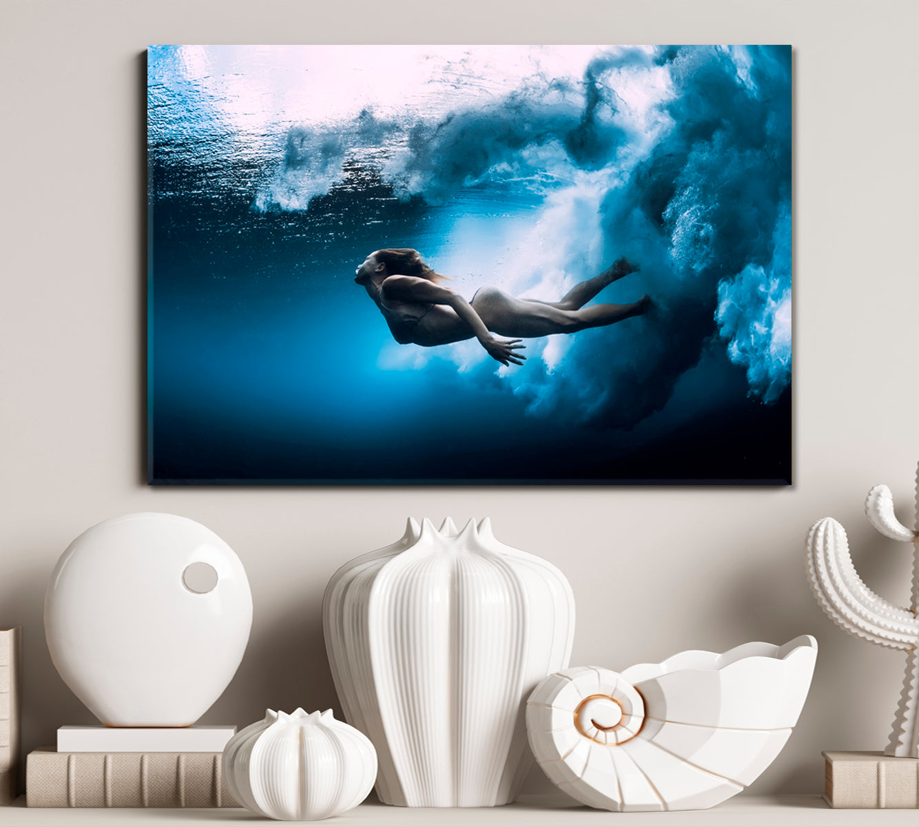 UNDERWATER | Woman Swim Underwater Amazing Shot Canvas Print Nautical, Sea Life Pattern Art Artesty   