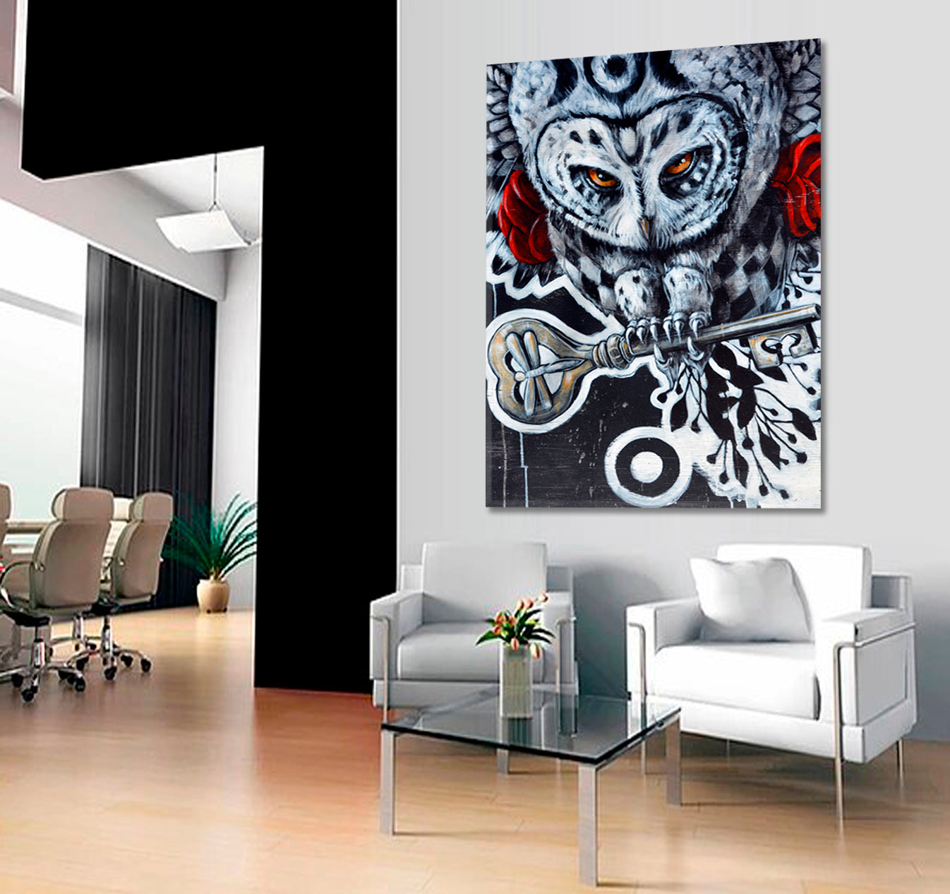 OWL AND KEY Secrets Keeper, Wisdom Honor Knowledge Urban Graffiti Street Art Canvas Print - Vertical Street Art Canvas Print Artesty   