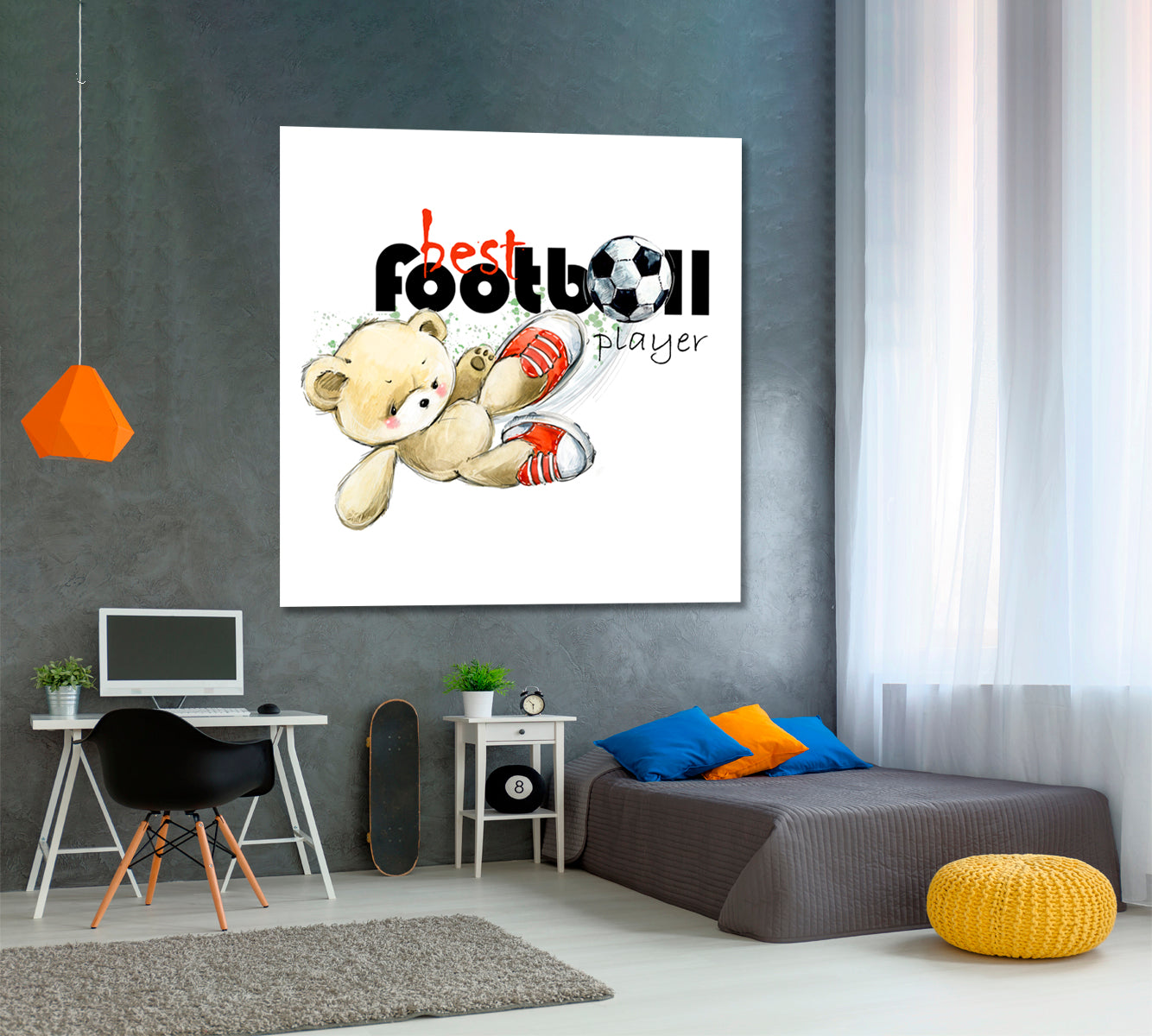 Cute Teddy Bear Soccer Player Football Sweet Kids Baby Nursery Room Canvas Print | Square Panel Kids Room Canvas Art Print Artesty   