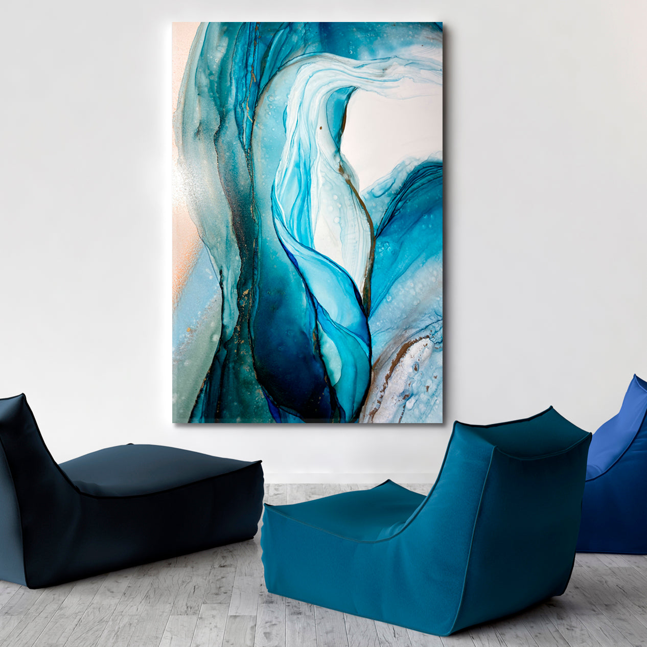 MODERN ART Translucent Blue Green Abstract Veins Alcohol Ink Fluid Art, Oriental Marbling Canvas Print Artesty 1 Panel 16"x24" 