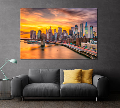 Brooklyn Bridge After Sunset New York Poster Famous Landmarks Artwork Print Artesty 1 panel 24" x 16" 