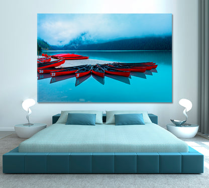 Red Canoes Turquoise Crystal Water Alberta Canada Foggy Lake Louise Scenery Landscape Fine Art Print Artesty   