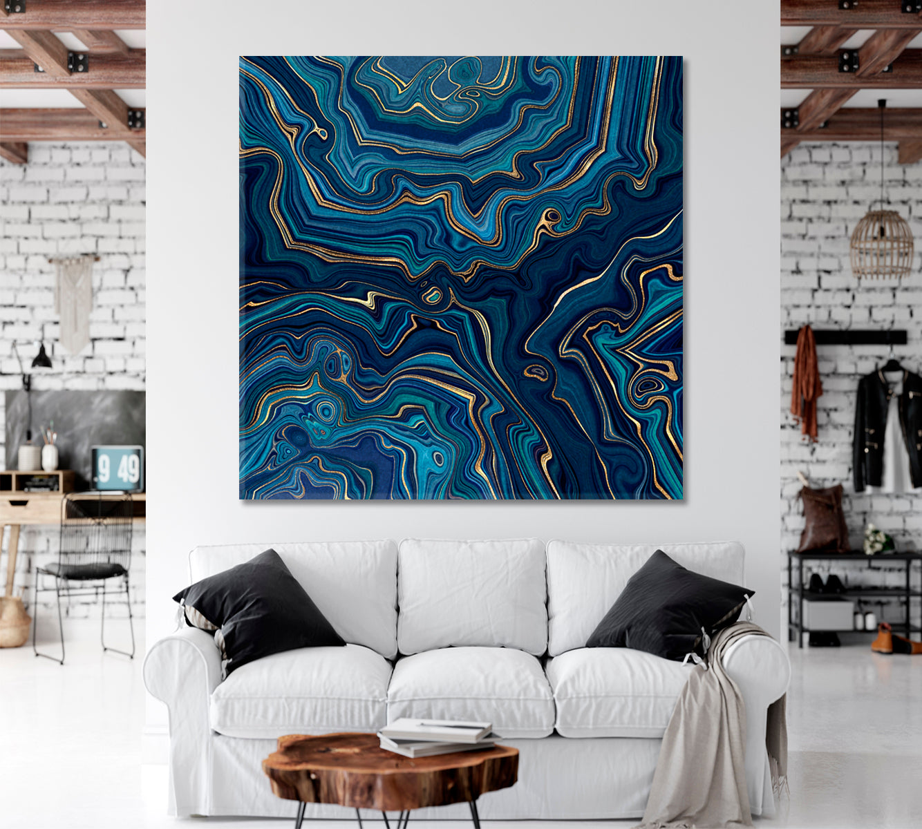 Dark Blue And Gold Abstract Marble Effect Canvas Print - Square Abstract Art Print Artesty   
