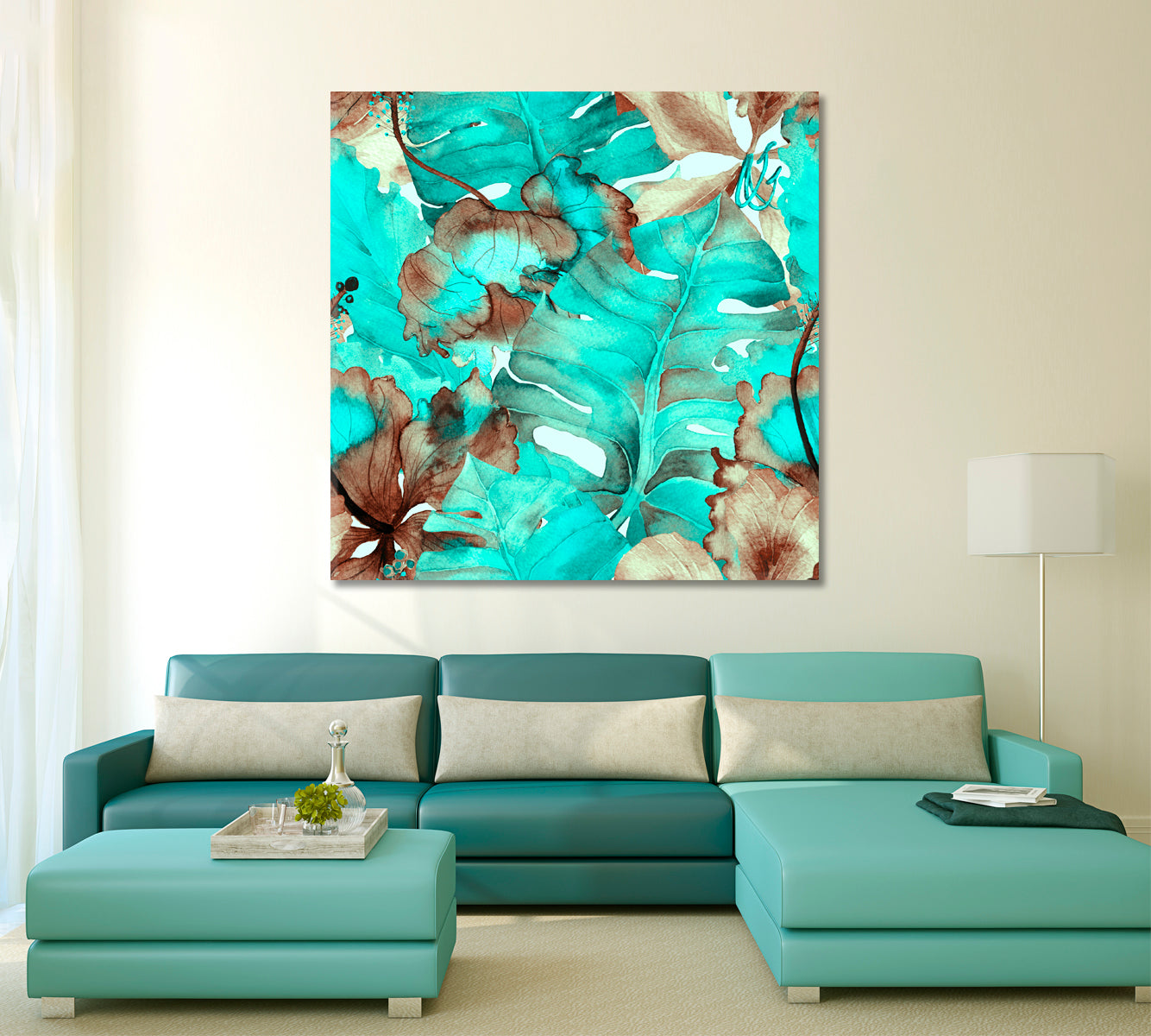 SUMMER HAWAIIAN Turquoise Green Watercolor Tropical Leaves Tropical, Exotic Art Print Artesty   