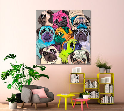 Funny Pugs Dogs Bright Colors Pop Art Whimsical Animal Canvas Print - Square Panel Animals Canvas Print Artesty   