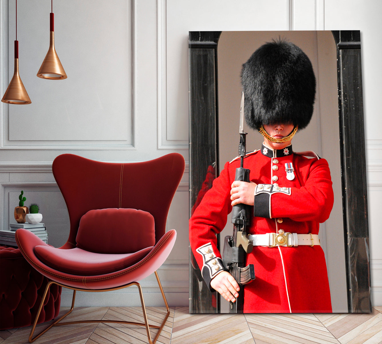 LONDON ENGLAND Soldier Official Royal Residences Queen's Guard Tower Canvas Print - Vertical panel Traveling Around Ink Canvas Print Artesty   