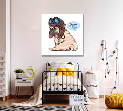 SKY DREAMER Adorable Cute Beige Puppy Pug Pilot Kids - S Animals Canvas Print Artesty 1 Panel 12"x12" 