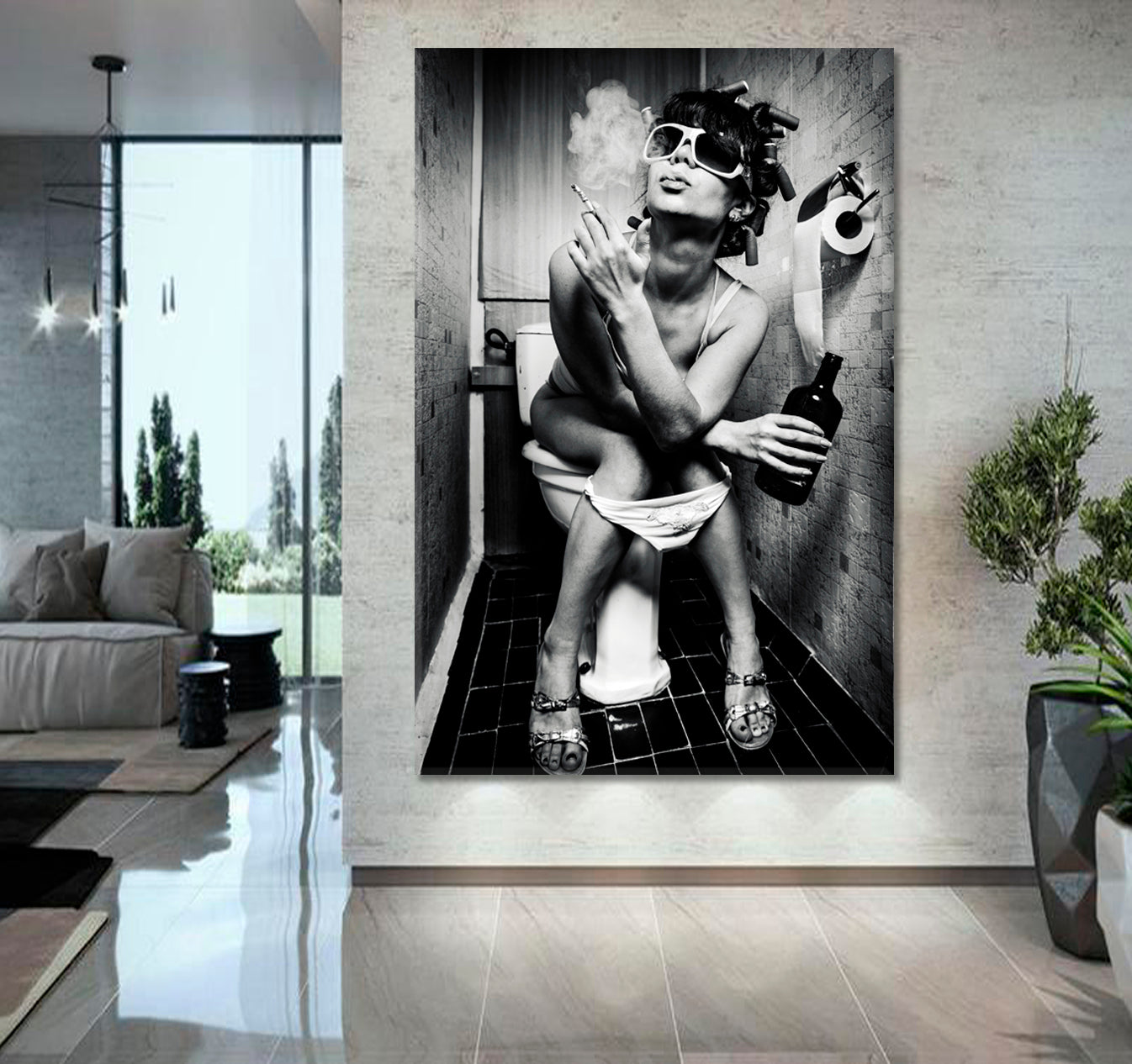 SMOKING GIRL Funny Poster Woman Sits in a Toilet with a Bottle - Vertical panel Black and White Wall Art Print Artesty   