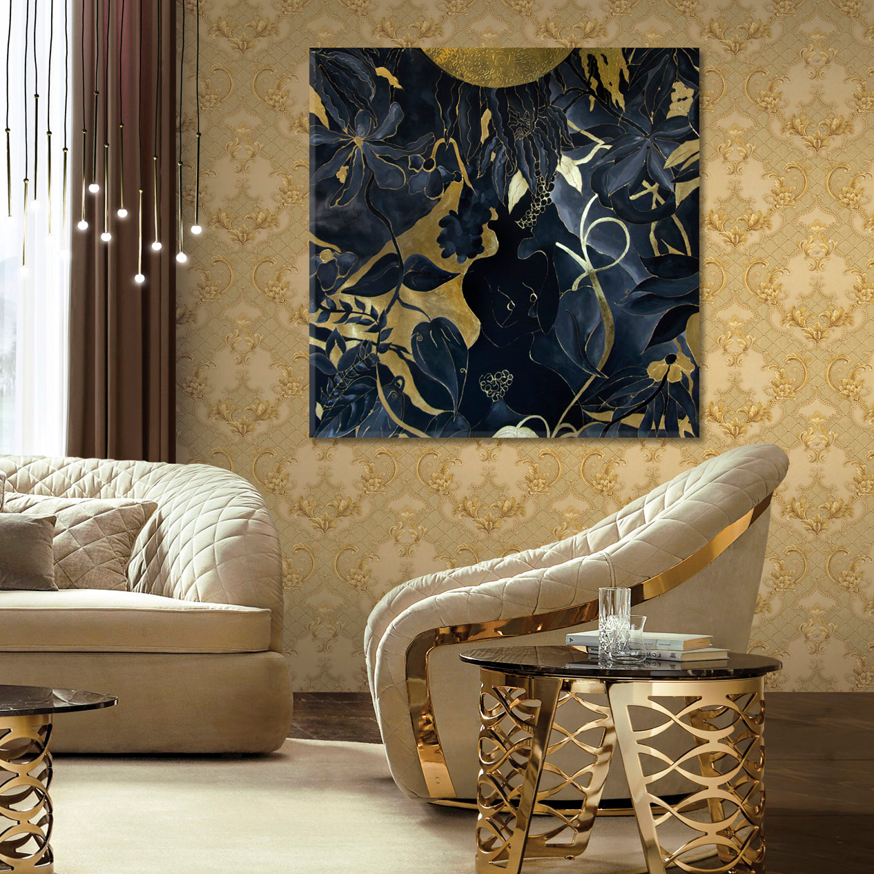 GARDEN OF EDEN Girl Abstract Black Gold Tropical Leaves Abstract Art Print Artesty 1 Panel 12"x12" 