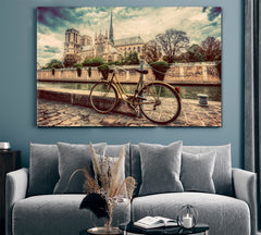 Retro Bicycle Notre Dame Old Cathedral Paris France Seine River Cities Wall Art Artesty   