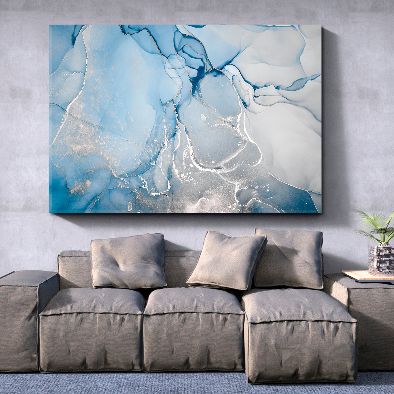 CLOUDS SILK Soft Blue Swirls Ink Colors Marble Veins Fluid Art, Oriental Marbling Canvas Print Artesty   