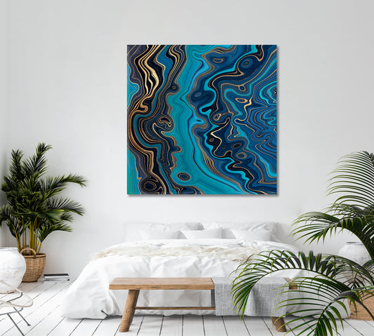 TURQUOISE BLUE AND GOLD VIENS Marble Effect Pattern Trendy Canvas Print - Square Fluid Art, Oriental Marbling Canvas Print Artesty   