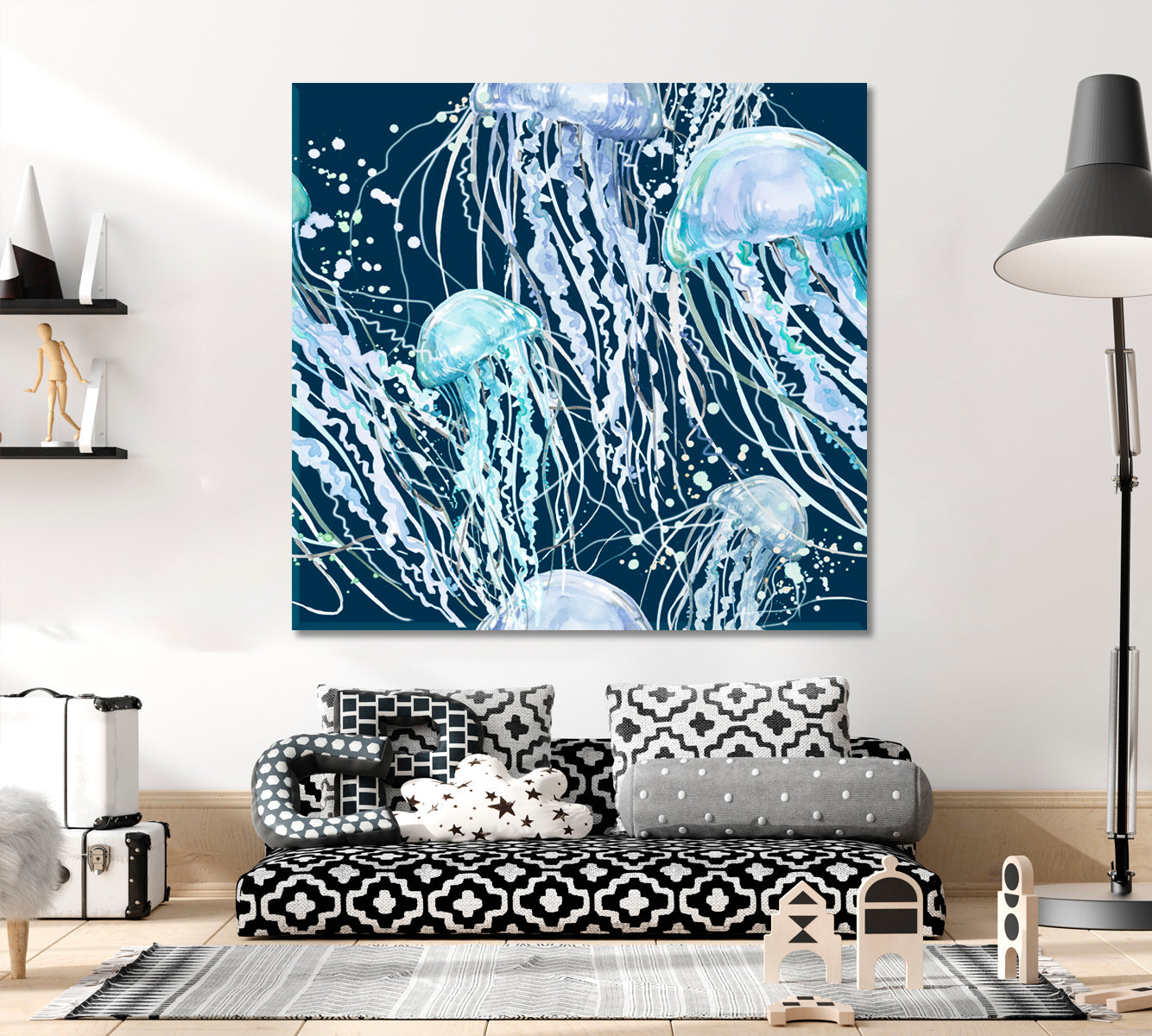JELLYFISH | Blue Ocean Abstract Jellyfish Canvas Print - Square Panel Nautical, Sea Life Pattern Art Artesty   