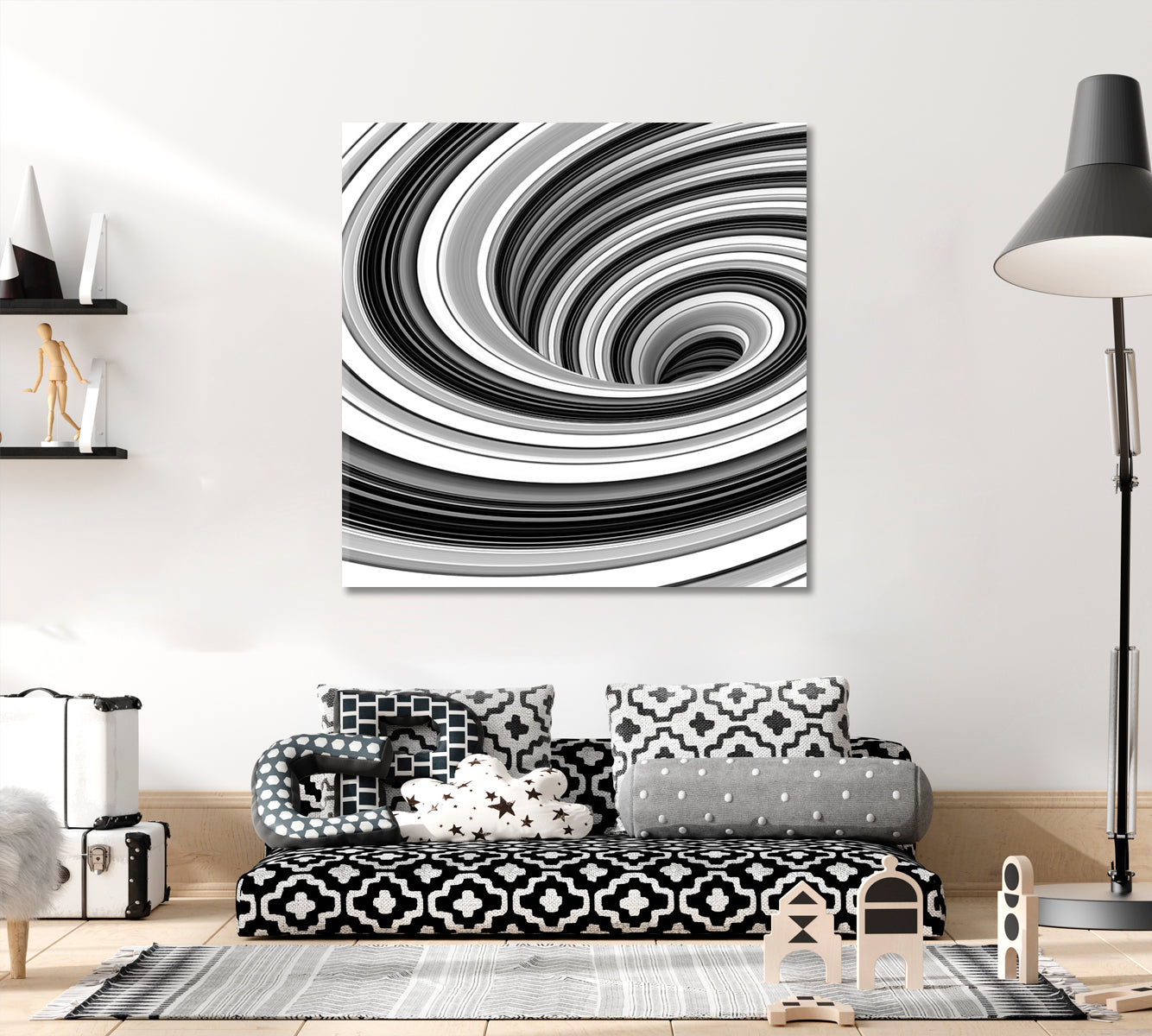 WHIRLPOOL Contrast Swirls Black And White Abstract Art Print Artesty 1 Panel 12"x12" 