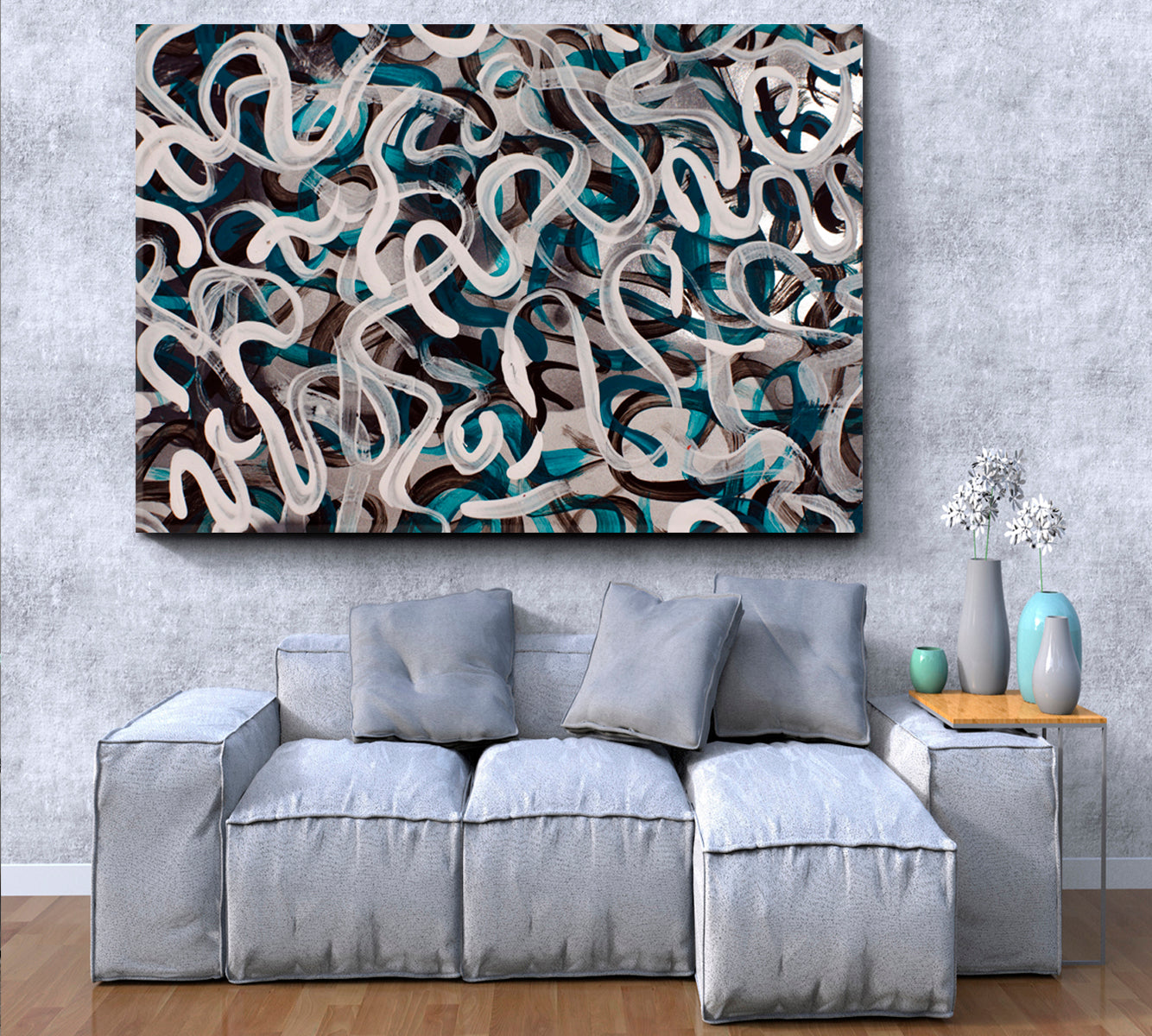 INSPIRED BY POLLOCK Turquoise Brown White Gray Strokes Modern Art Contemporary Art Artesty   