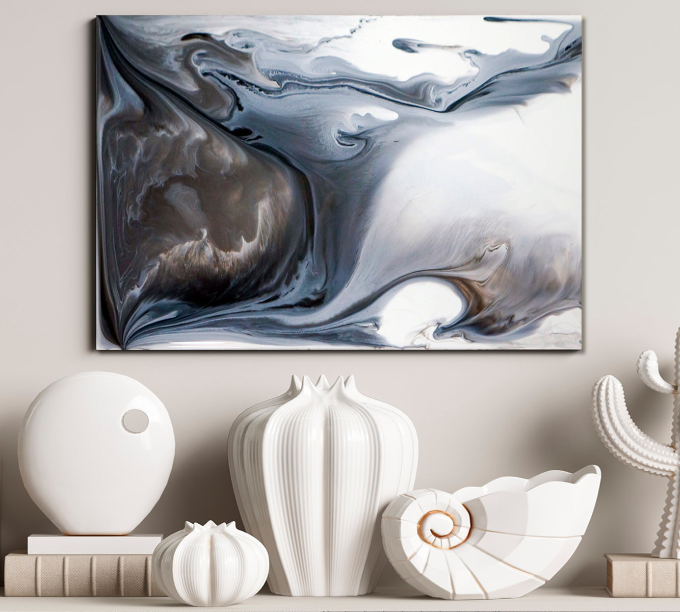 Gray Beige Beautiful Marble Painting Fluid Art, Oriental Marbling Canvas Print Artesty 1 panel 24" x 16" 
