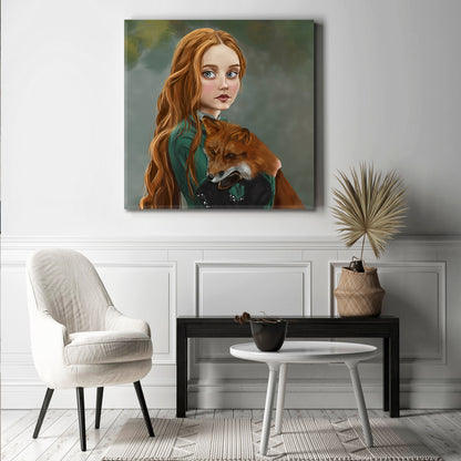 RED FOX GINGER STORY Girl Red Hair Lady Green Dress Surreal Fairy Tale Kids Room Canvas Art Print Artesty   