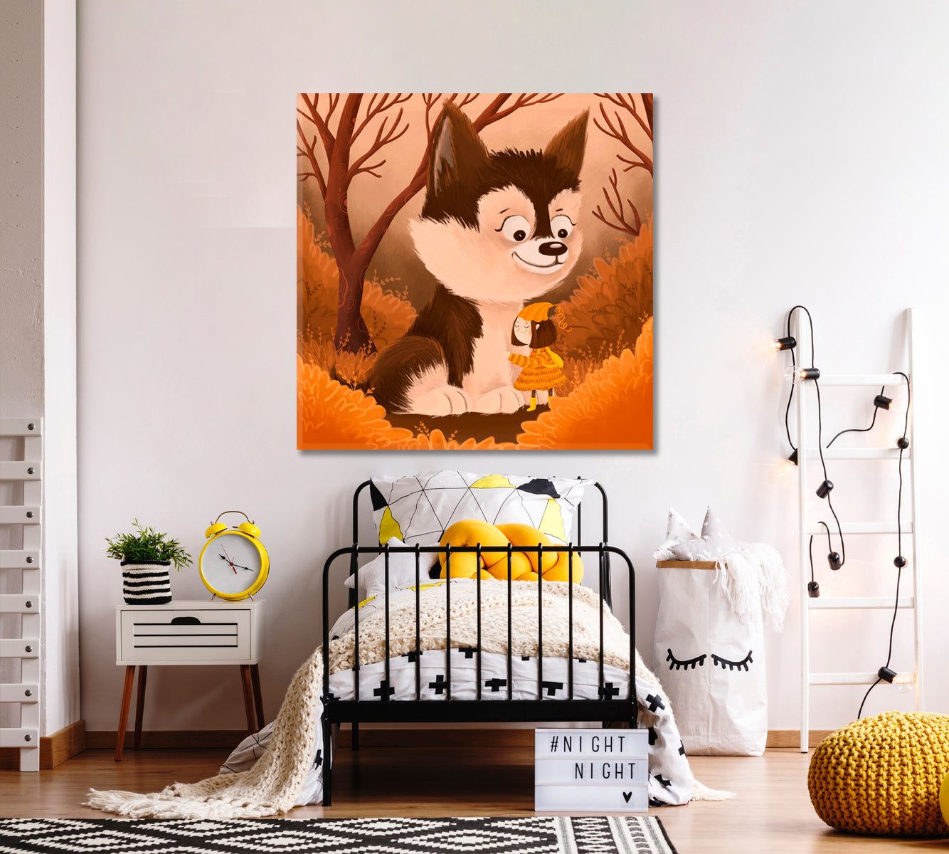 Little Girl and Cute husky Dog Kids Fairy Nursery Art Canvas Print | Square Panel Kids Room Canvas Art Print Artesty   