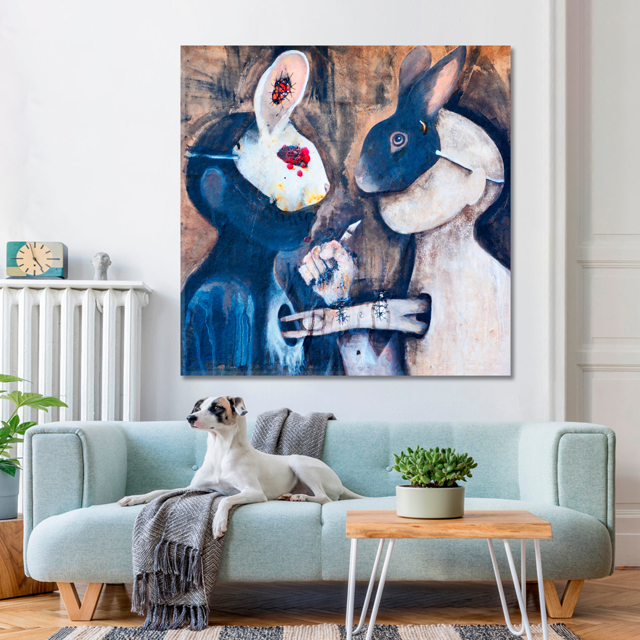 Pretending | Rabbit Masks Modern Psychedelic Abstract Art Grunge Graffiti Canvas Print - Square Street Art Canvas Print Artesty   