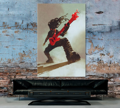 Rock & Roll Rocker Guitarist Playing Red Guitar, Music Canvas Print  - Vertical Music Wall Panels Artesty   