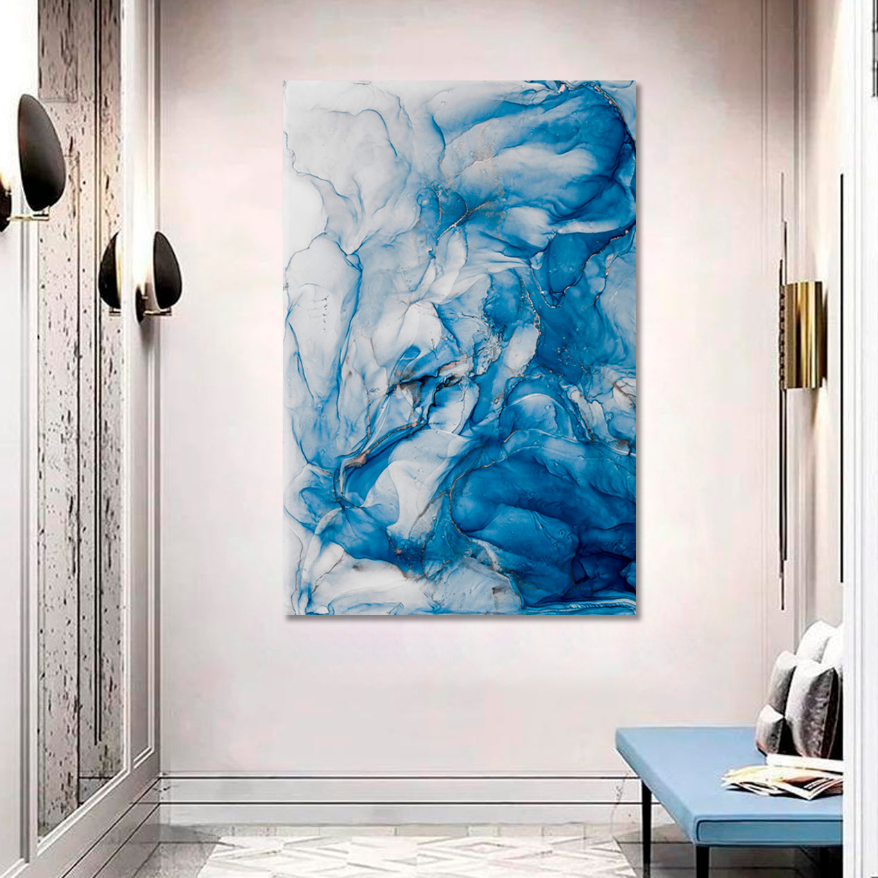 Sky Blue Ink Abstract Marble Modern Fluid Art - Vertical Fluid Art, Oriental Marbling Canvas Print Artesty   