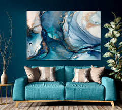 Ink Landscape Abstract Blue Marble Golden Weines Fluid Art, Oriental Marbling Canvas Print Artesty   