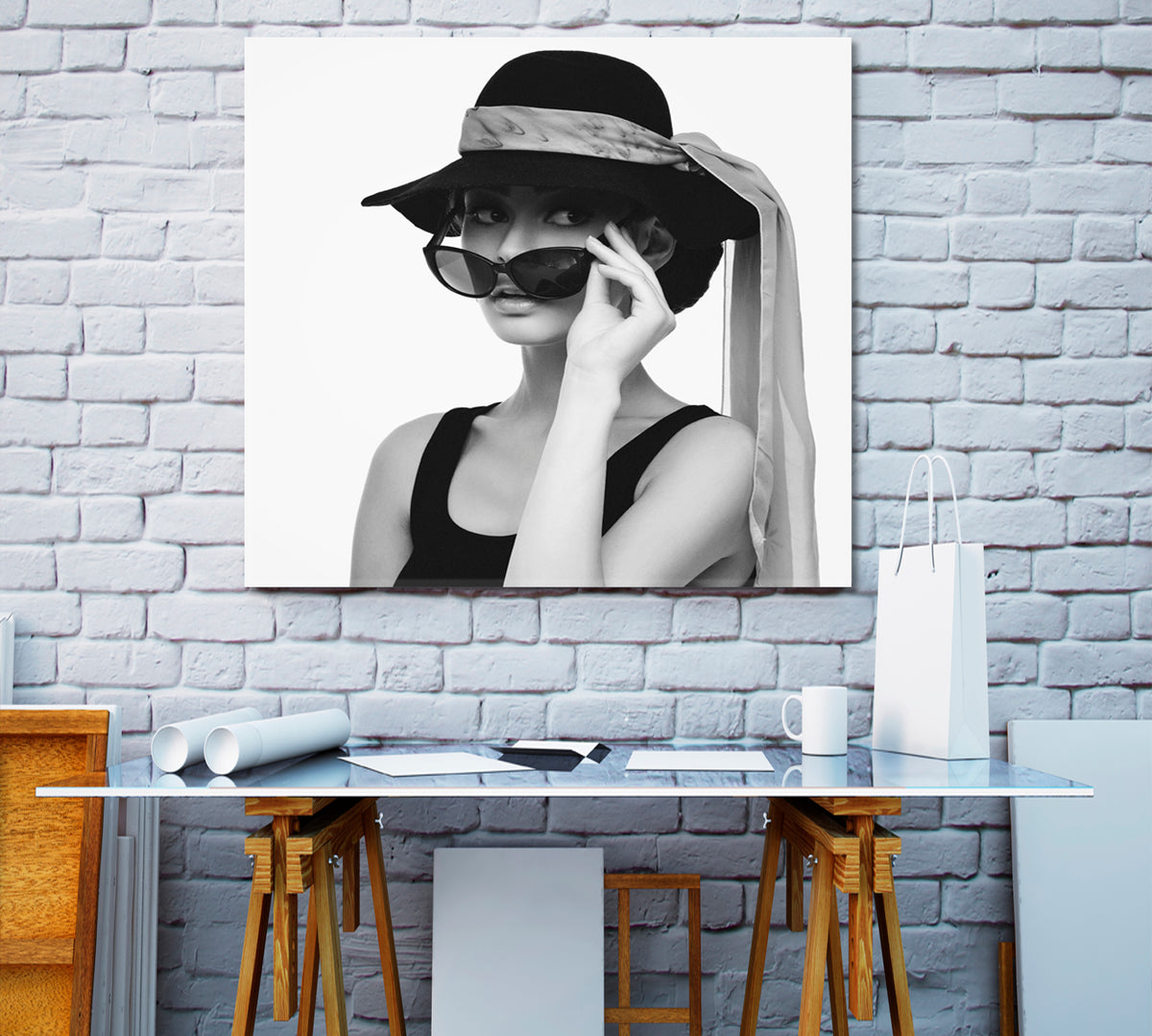 Beautiful Woman Audrey Hepburn Fashion Style Hat Scarf Sunglasses Celebs Canvas Print Artesty 1 Panel 12"x12" 