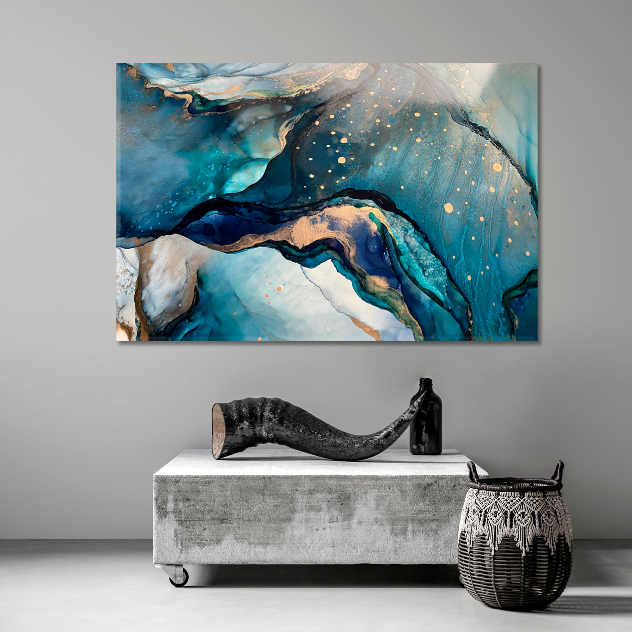 EMERALD SEA WAVES Marble Stunning Turquoise Light Blue Abstract Fluid Art, Oriental Marbling Canvas Print Artesty   
